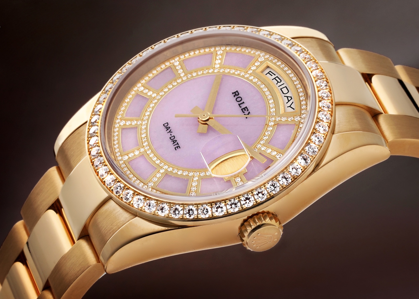 Rolex President Day-Date Yellow Gold Carousel Lilac Jade Diamond Mens Watch 118348