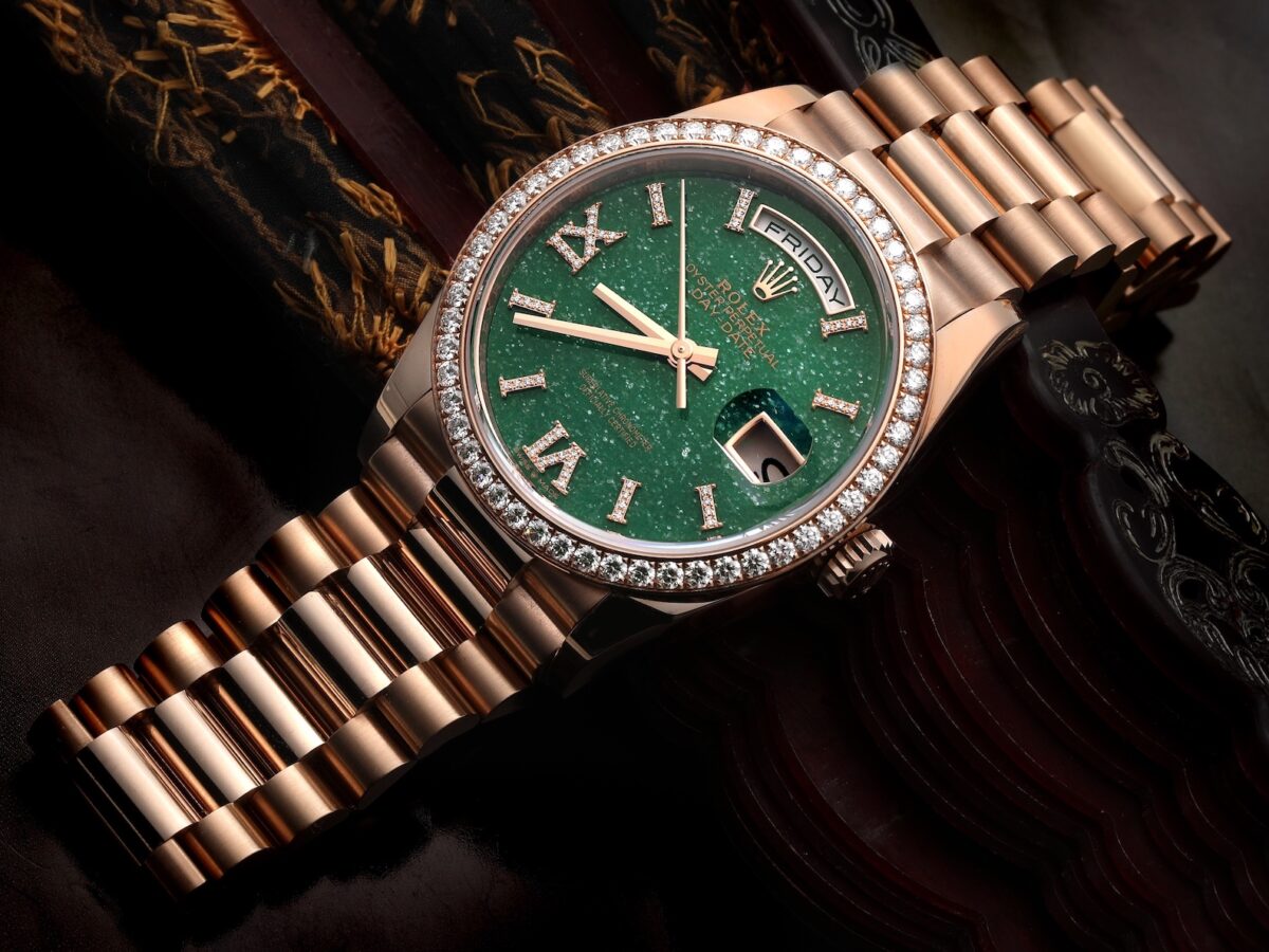 Top 5 Rolex Day-Date Models with Exotic Dials - Rolex President Day Date Rose Gold Green Aventurine Diamond Watch 128345