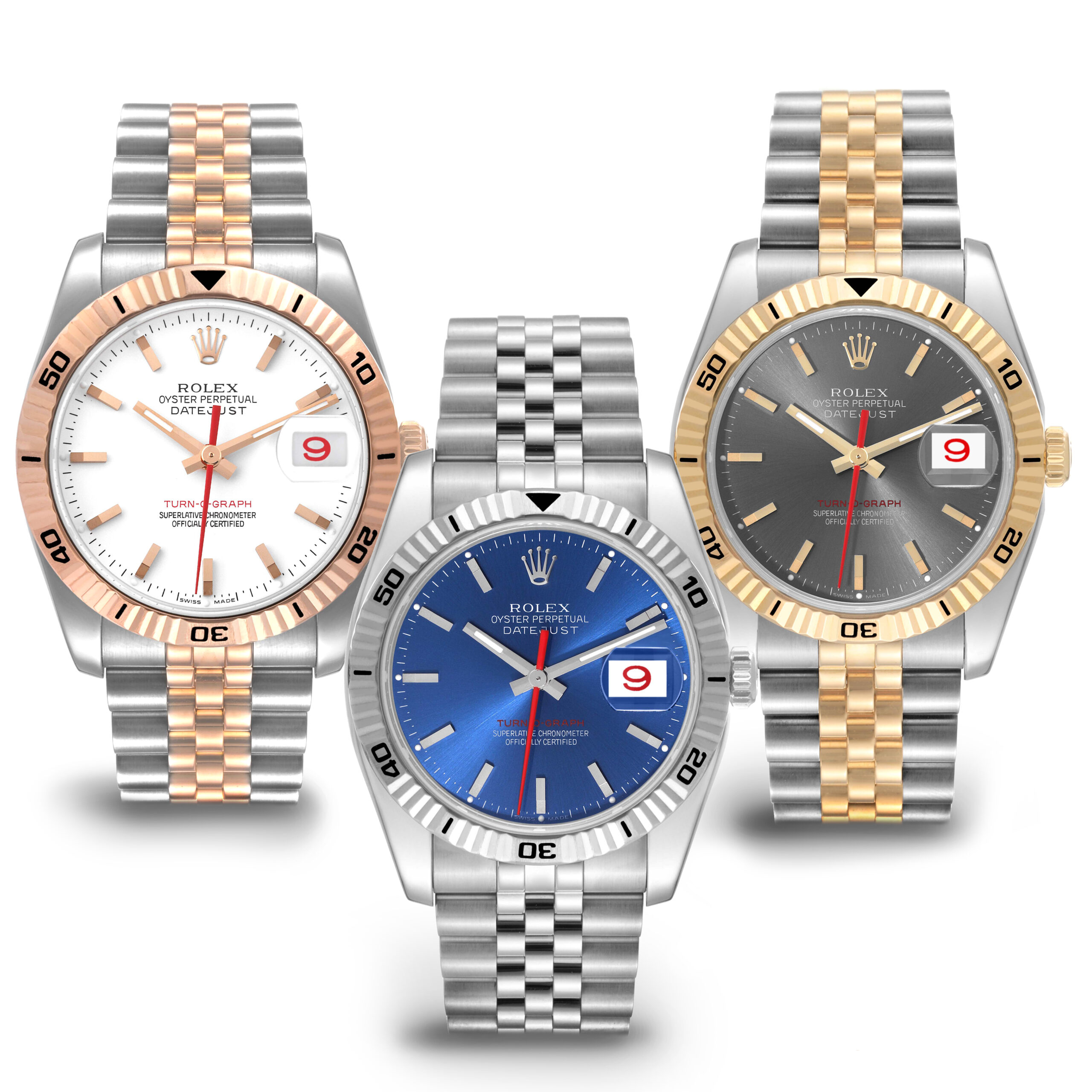 Rolex Datejust Turnograph Watches with Jubilee Bracelets in Rolesor Everose, White, and Yellow Gold