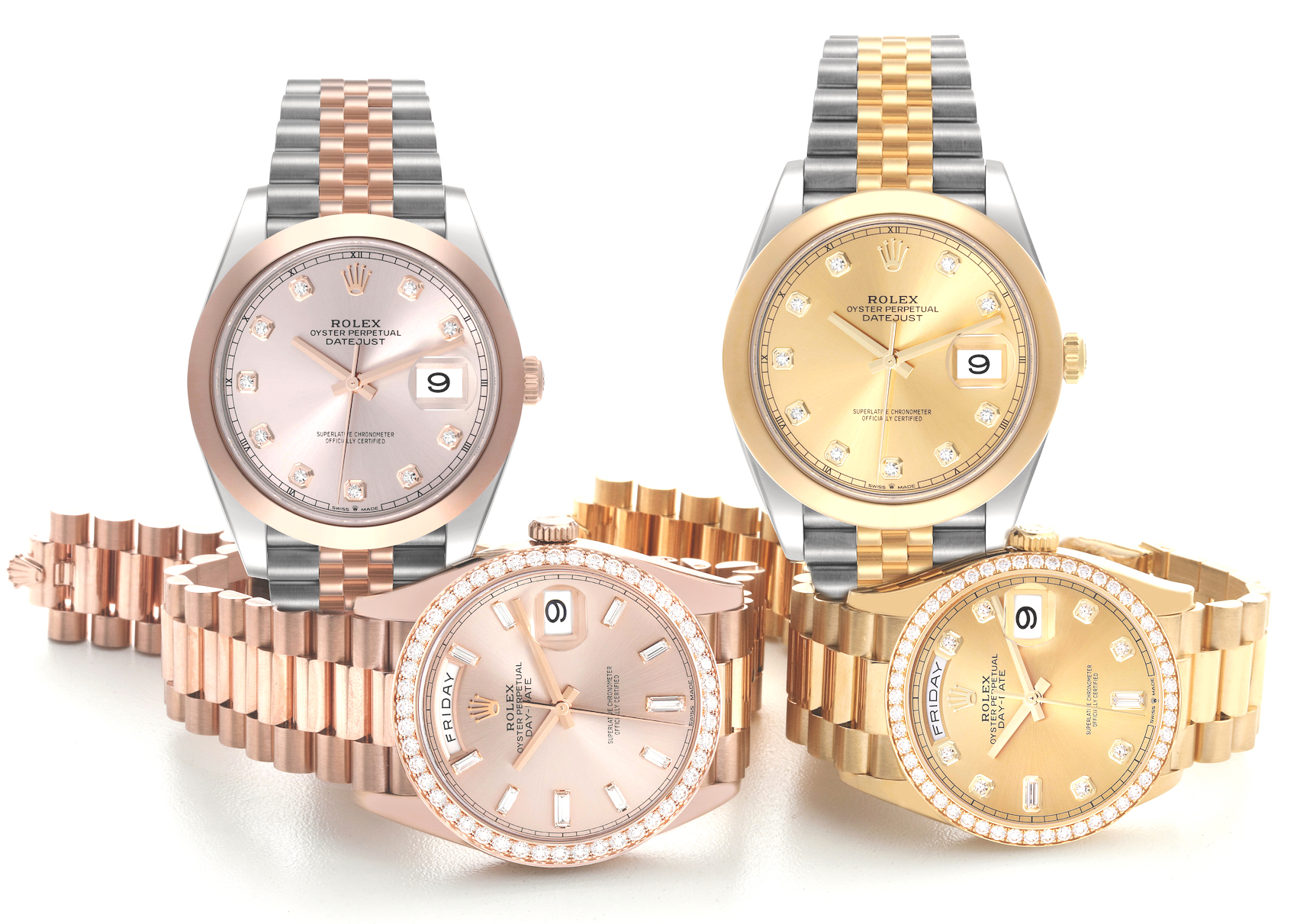 Rolex Datejust and Day-Date Everose Gold, Steel and Everose Rolesor, Yellow Gold, and Yellow Rolesor Diamond Watches