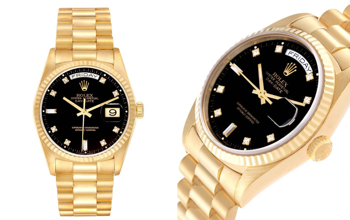Close-up of a men's Rolex President Day-Date yellow gold watch with a black diamond dial.