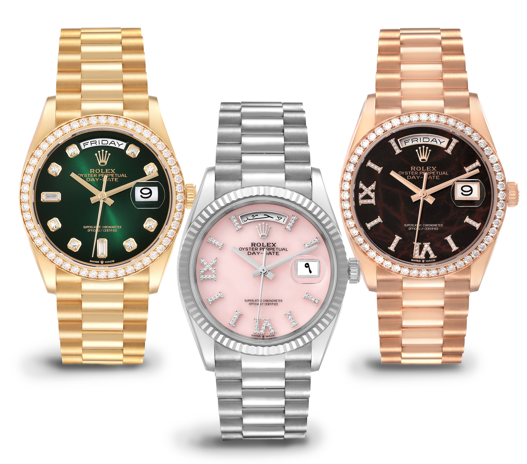 Rolex Day-Date Yellow Gold, White Gold, and Everose Gold Diamond Dial Watches