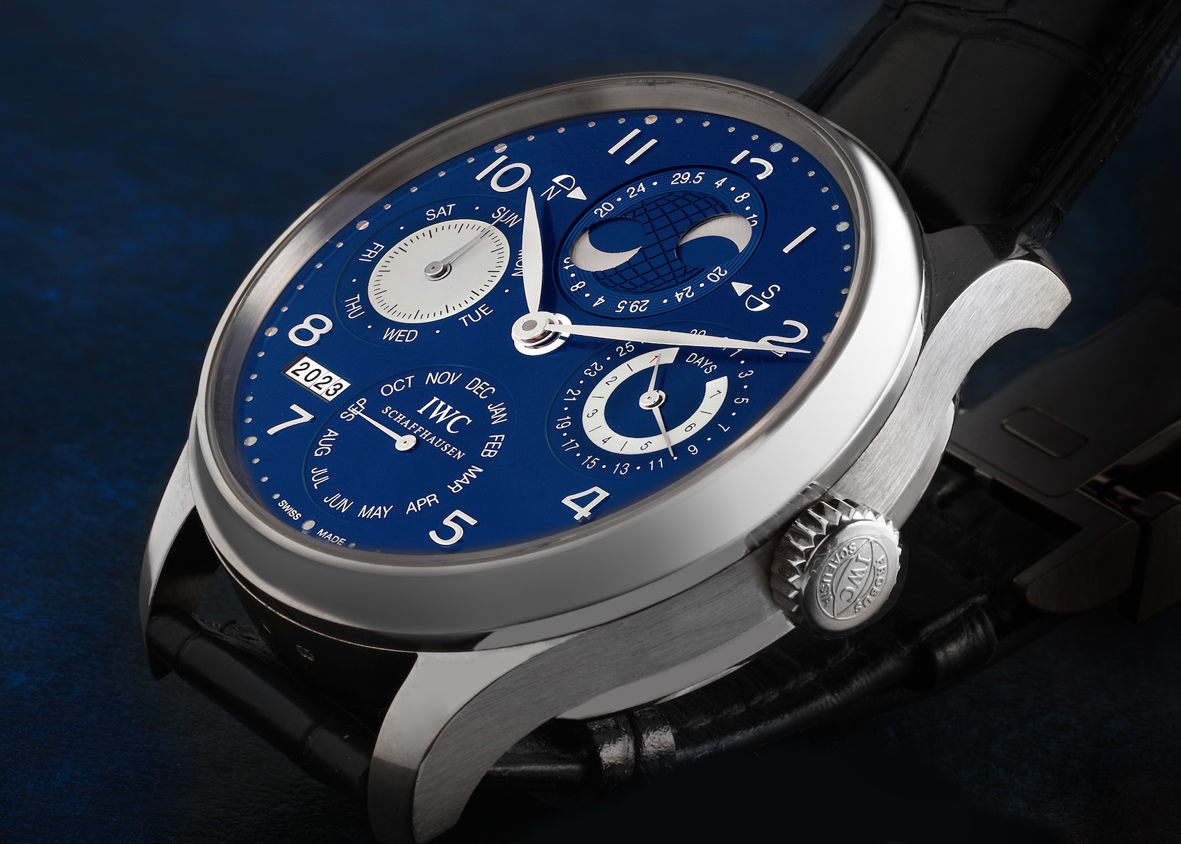 IWC Portuguese Perpetual Calendar Blue Dial White Gold Mens Watch IW503203