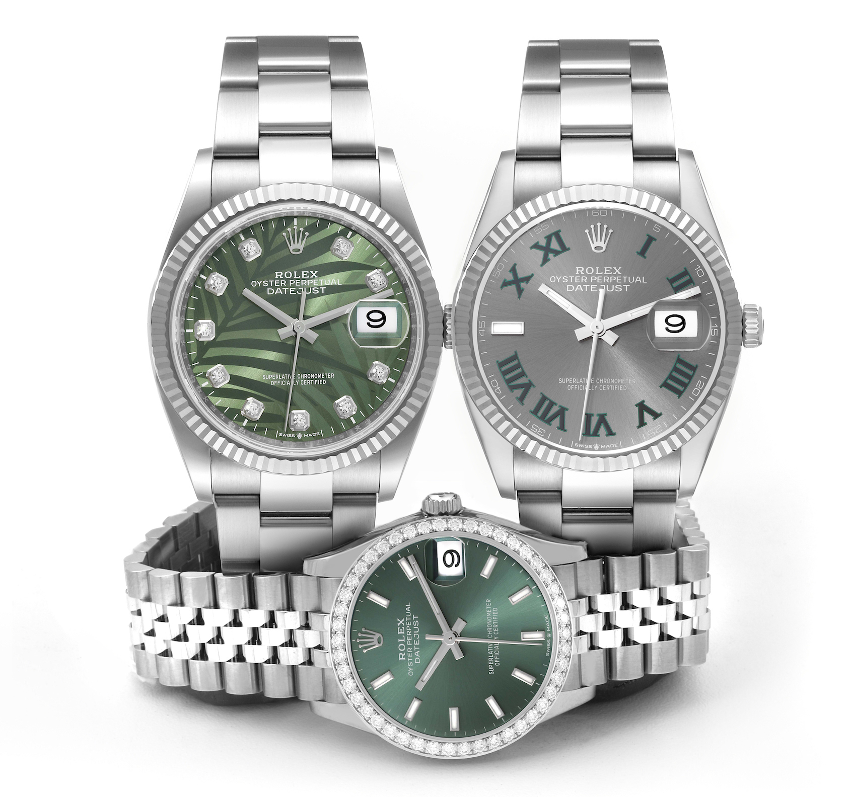 Rolex Datejust Steel White Gold Green and Wimbledon Dial Watches