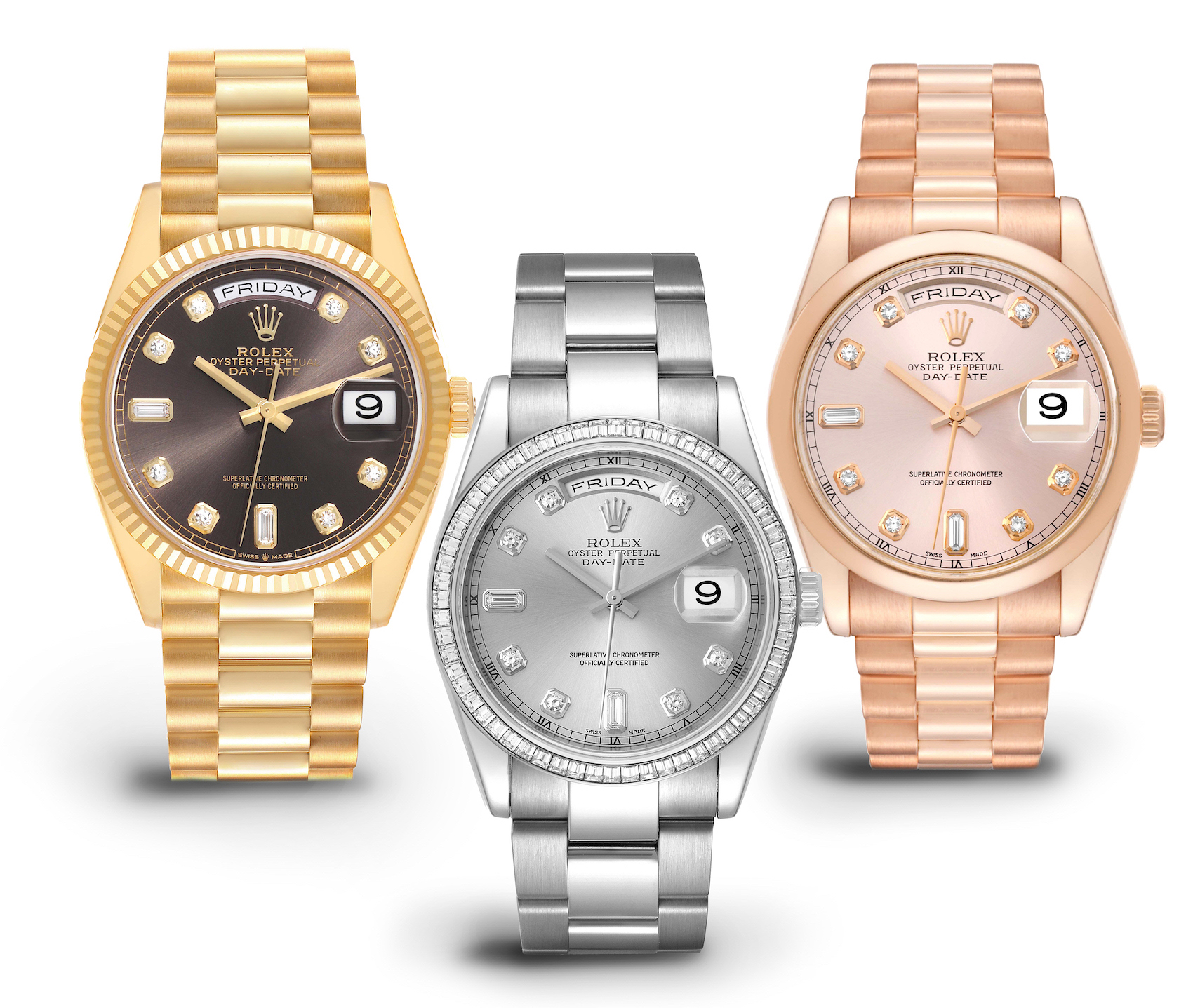 Rolex Day-Date Yellow Gold, White Gold, and Everose Gold Diamond Dial Watches