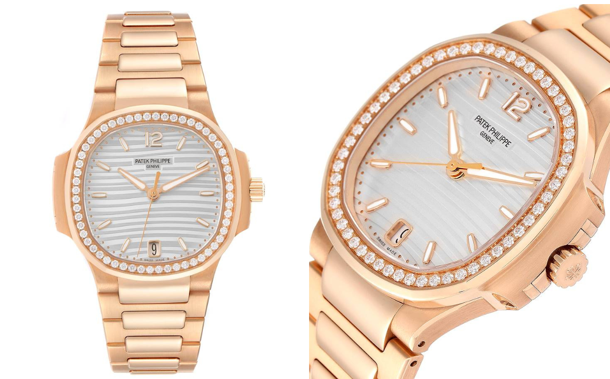 Close-up of a Patek Philippe Nautilus 7118 in rose gold with diamond-set bezel