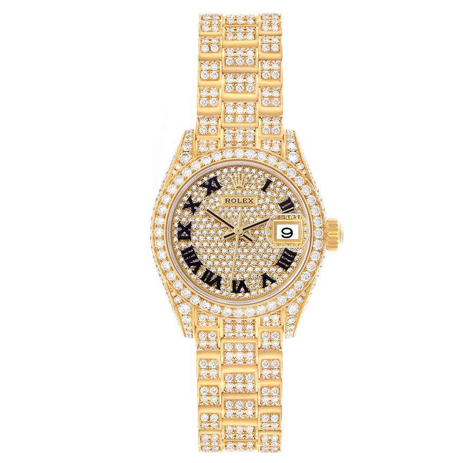 Full-front view of a Rolex President Yellow Gold Pave Diamond Ladies Watch 279458, entirely covered in diamonds with Roman numeral hour markers on a pavé dial.