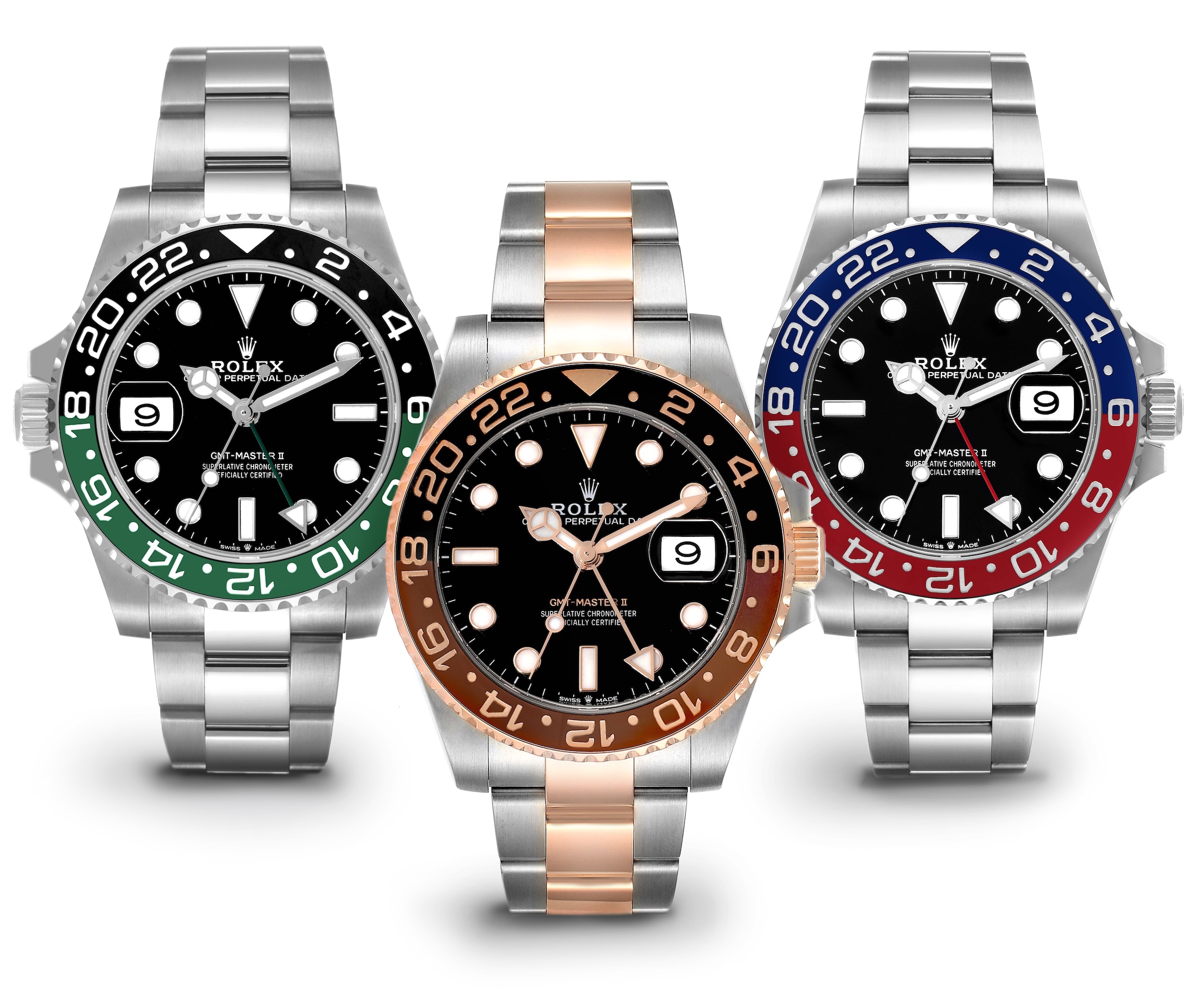 Three Rolex GMT-Master II watches: 'Sprite' (green/black bezel), 'Root Beer' (brown/Everose gold bezel), and 'Pepsi' (red/blue bezel).