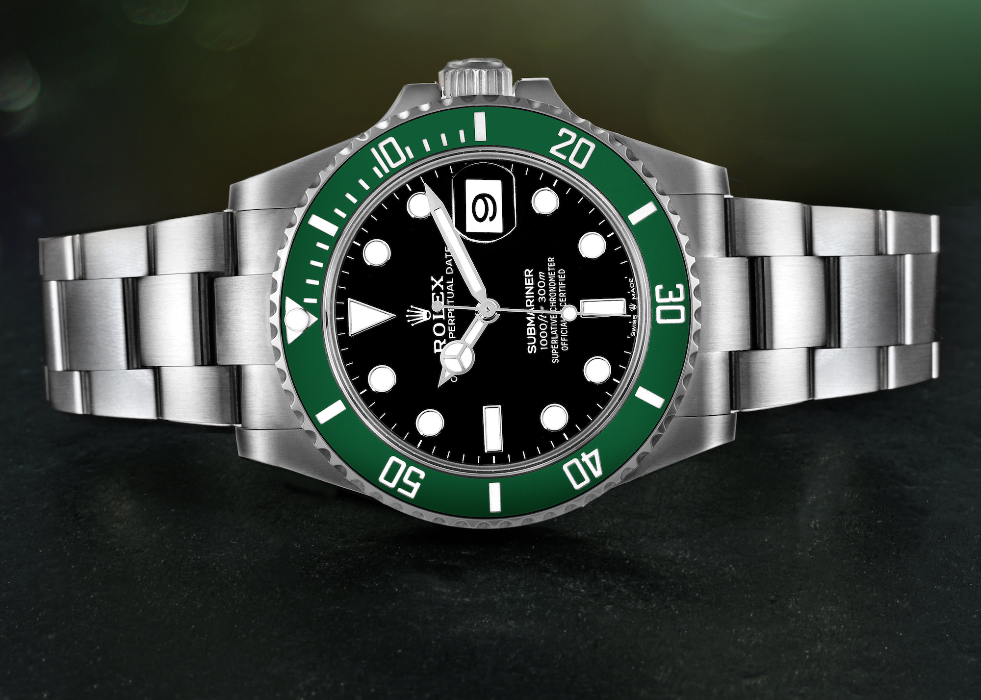 A front-facing studio shot of the Rolex Submariner Date 126610LV, featuring a stainless steel case, black dial, and a vibrant green Cerachrom bezel.