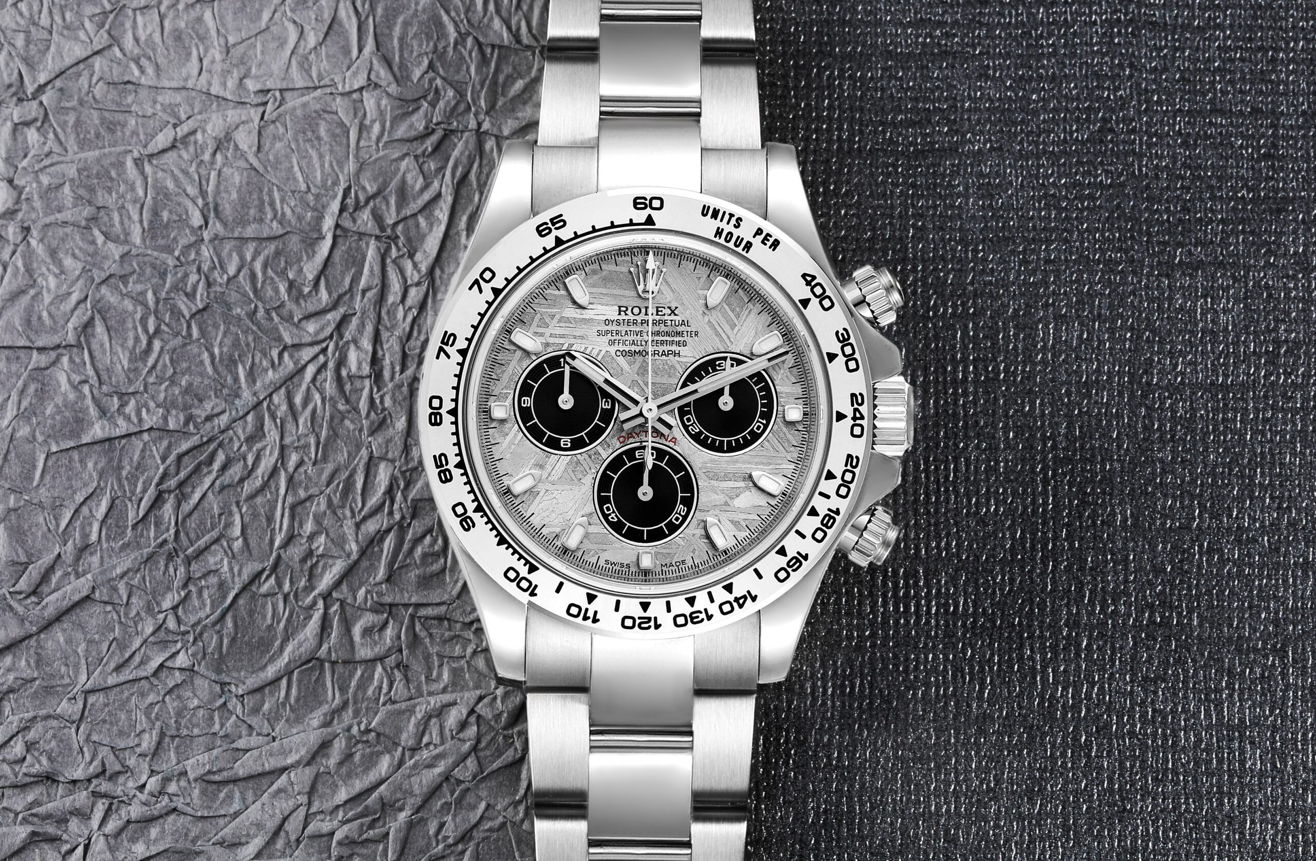 A top-down view of the white gold Rolex Daytona (Ref. 116509) featuring a rare meteorite dial, a cosmic timepiece from Lionel Messi's watch collection.