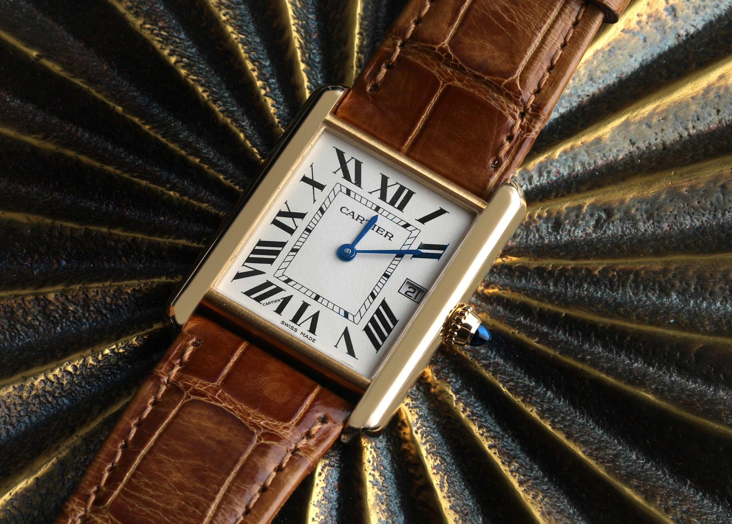 Cartier Tank Louis Yellow Gold Brown Leather Mens Watch W1529756