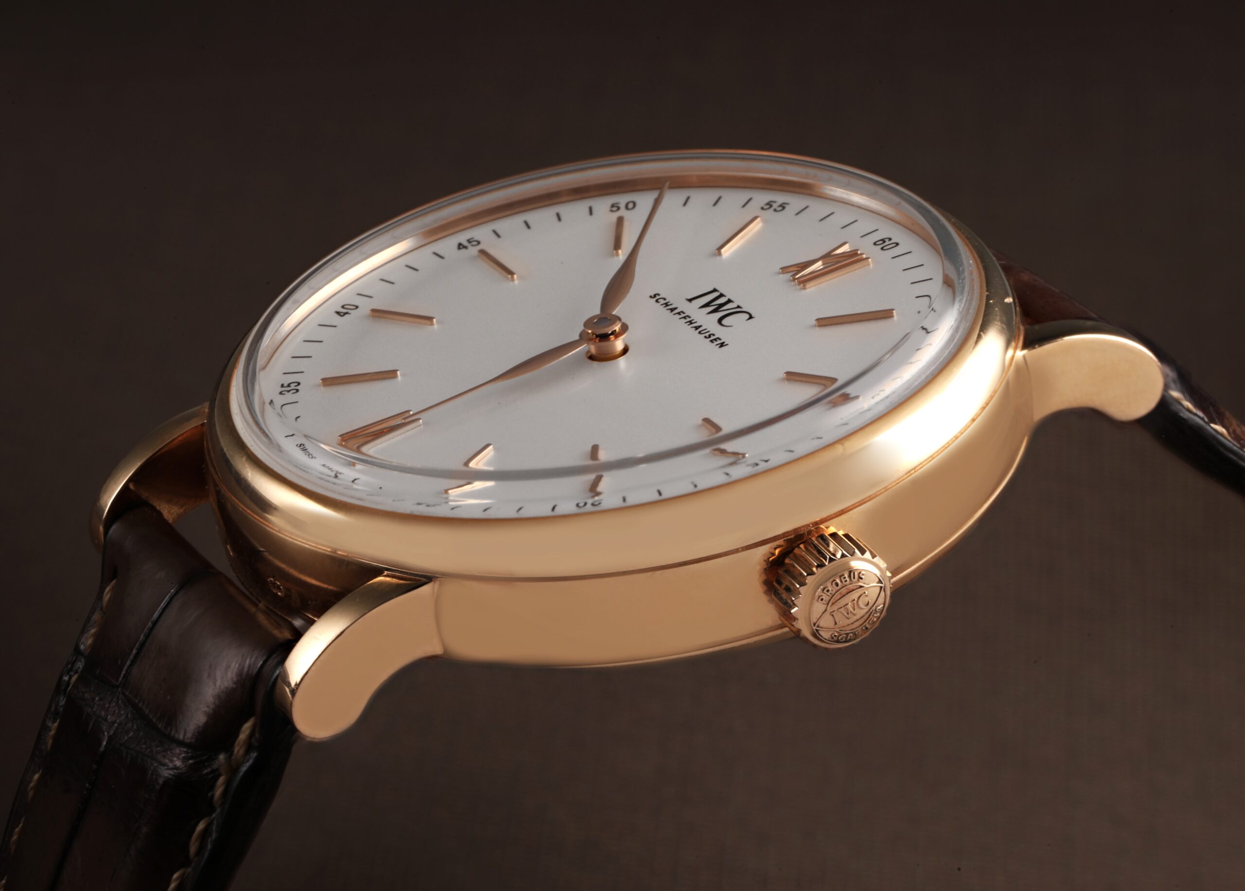 IWC Portofino 18k Rose Gold Silver Dial Brown Strap Mens Watch IW511101