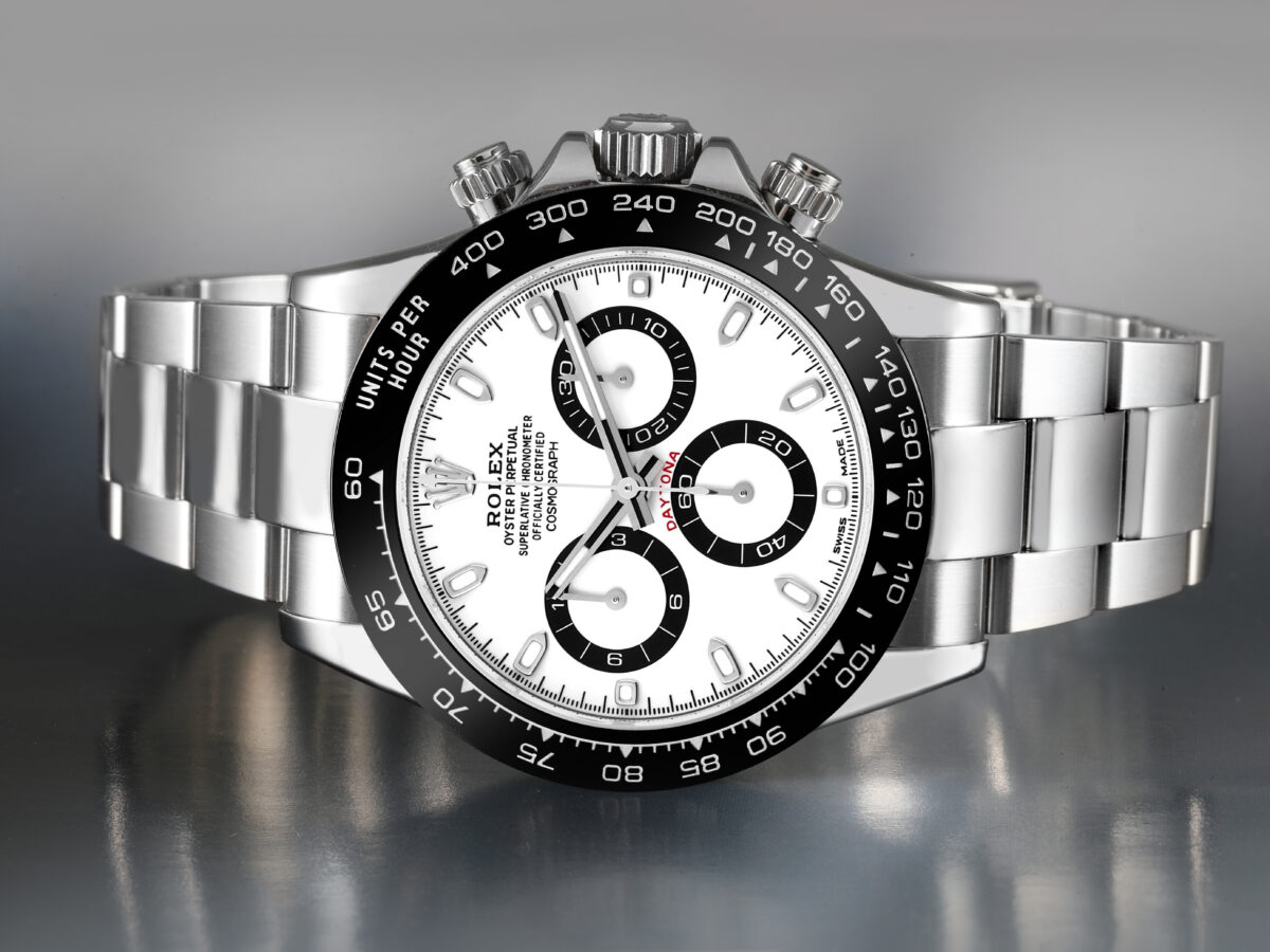 A front view of the stainless steel Rolex Daytona "Panda" 116500, a classic and highly sought-after watch from Lionel Messi's collection.