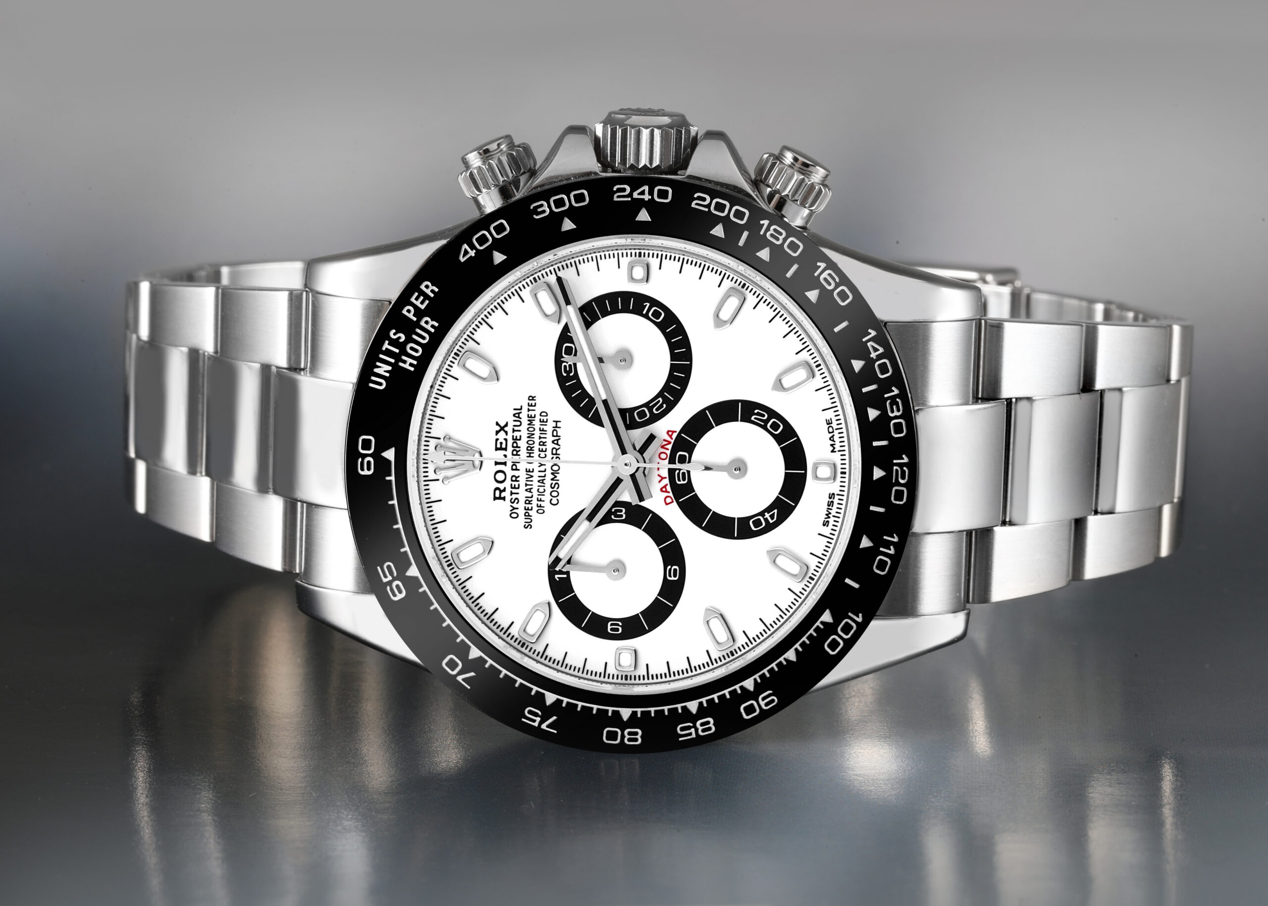 A front view of the stainless steel Rolex Daytona "Panda" 116500, a classic and highly sought-after watch from Lionel Messi's collection.