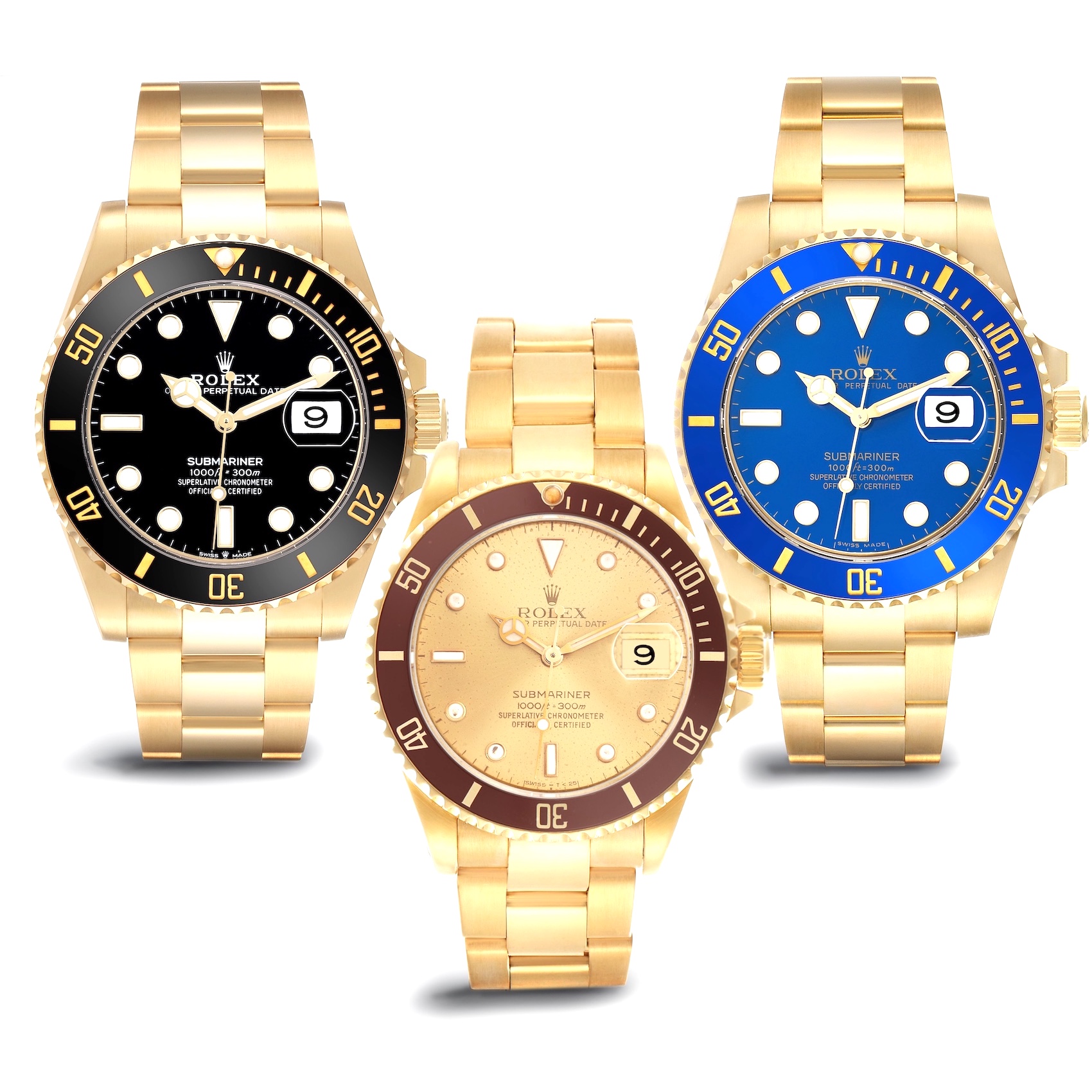 Three distinctive gold Rolex Submariner watches are displayed against a white backdrop: a contemporary model featuring a stark black dial and bezel, a vintage piece with a warm champagne dial and rich brown bezel, and a modern iteration showcasing a vibrant blue dial and bezel.