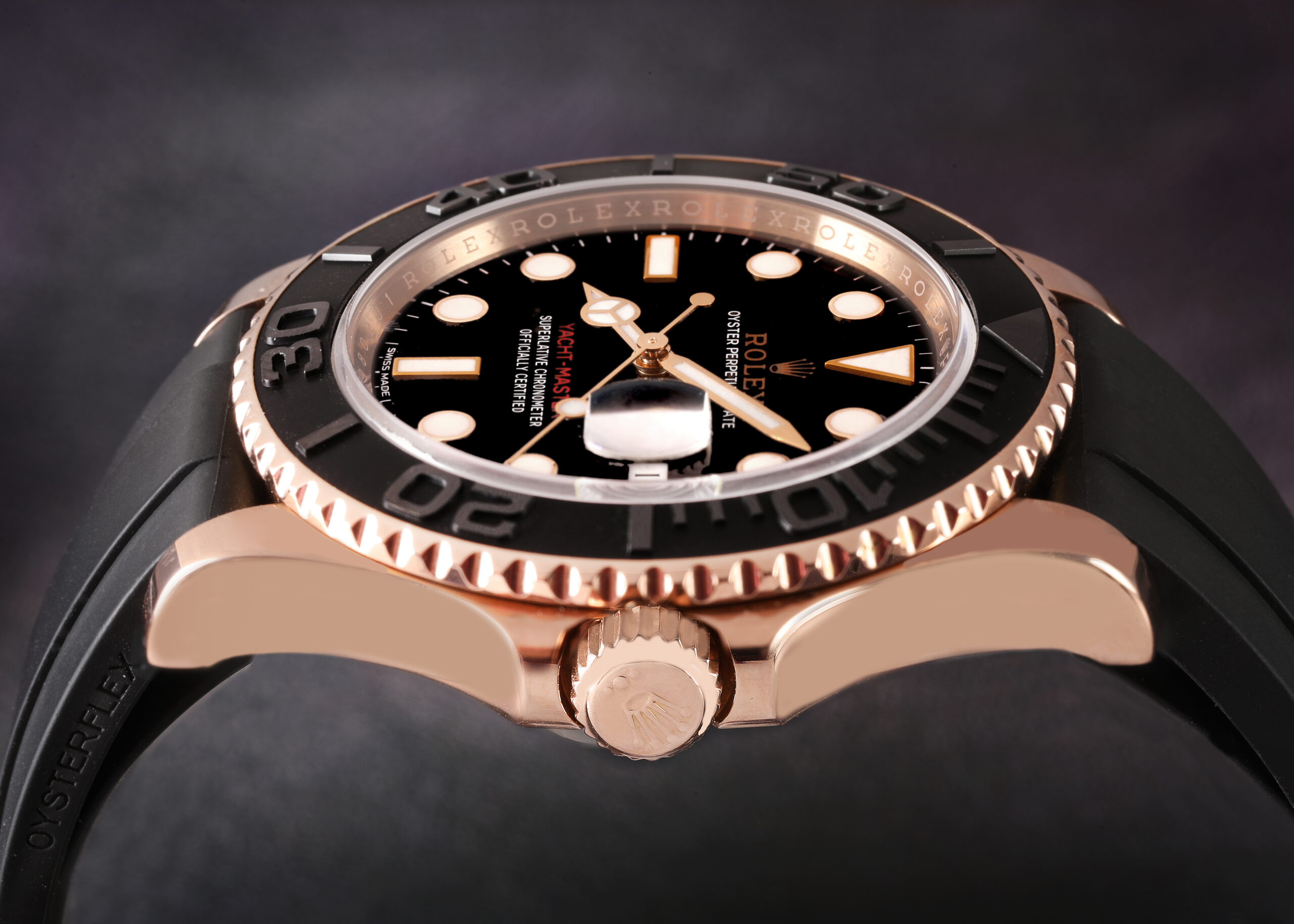 An angled shot of the Rolex Yacht-Master 40 in Everose gold (Ref. 126655) with its sporty Oysterflex bracelet, a stylish choice for Lionel Messi.