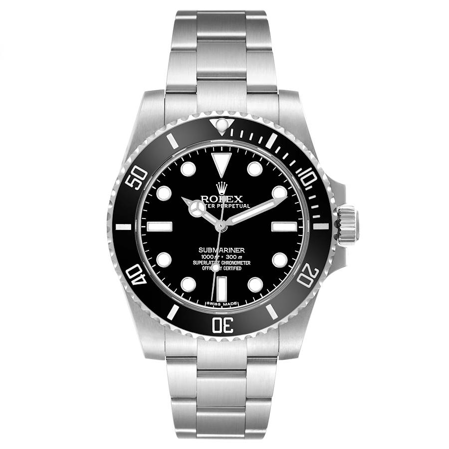 Head-on shot of a modern Rolex Submariner "No-Date" (ref. 114060), highlighting the symmetrical black dial with luminous hour markers and the glossy Cerachrom bezel.