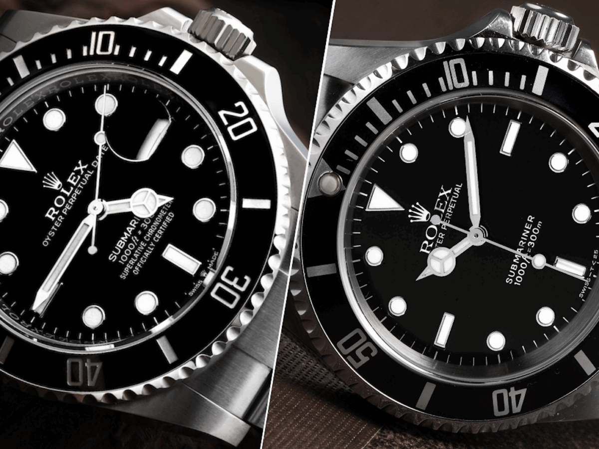 A side-by-side comparison of two modern Rolex Submariner watches. On the left, a Submariner Date with its signature Cyclops lens over the date window at 3 o'clock. On the right, a Submariner with a symmetrical "no-date" dial.