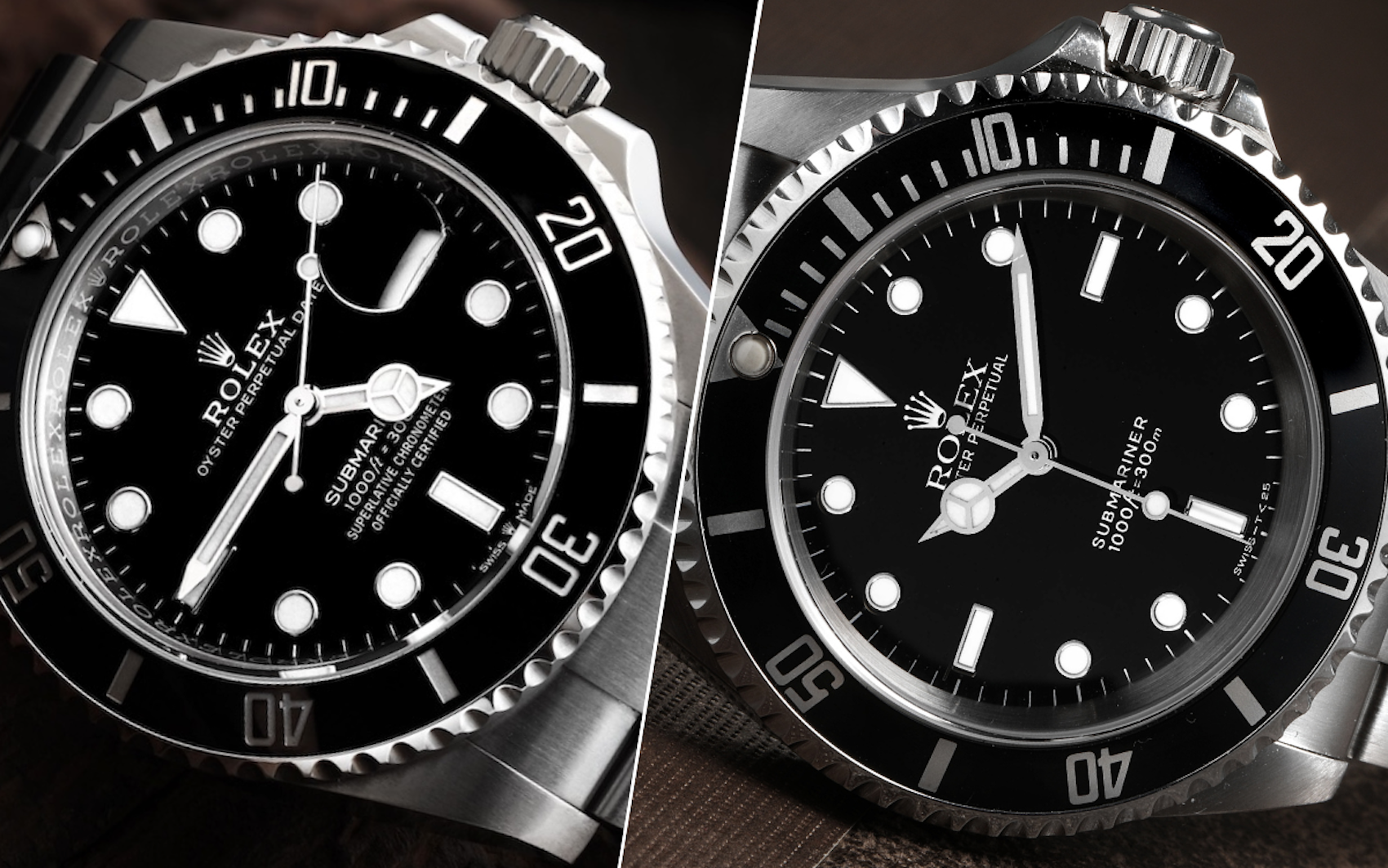 A side-by-side comparison of two modern Rolex Submariner watches. On the left, a Submariner Date with its signature Cyclops lens over the date window at 3 o'clock. On the right, a Submariner with a symmetrical "no-date" dial.