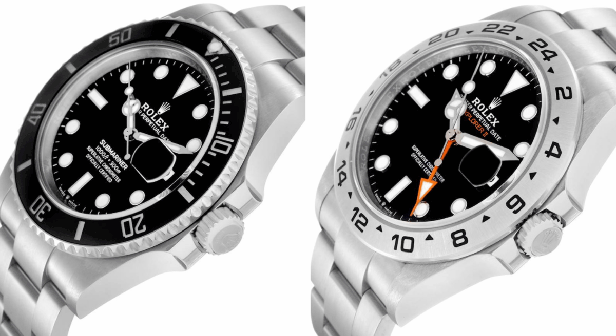 An angled comparison shot contrasting the glossy, black Cerachrom ceramic bezel of the Rolex Submariner with the radially brushed stainless steel 24-hour bezel of the Rolex Explorer II.