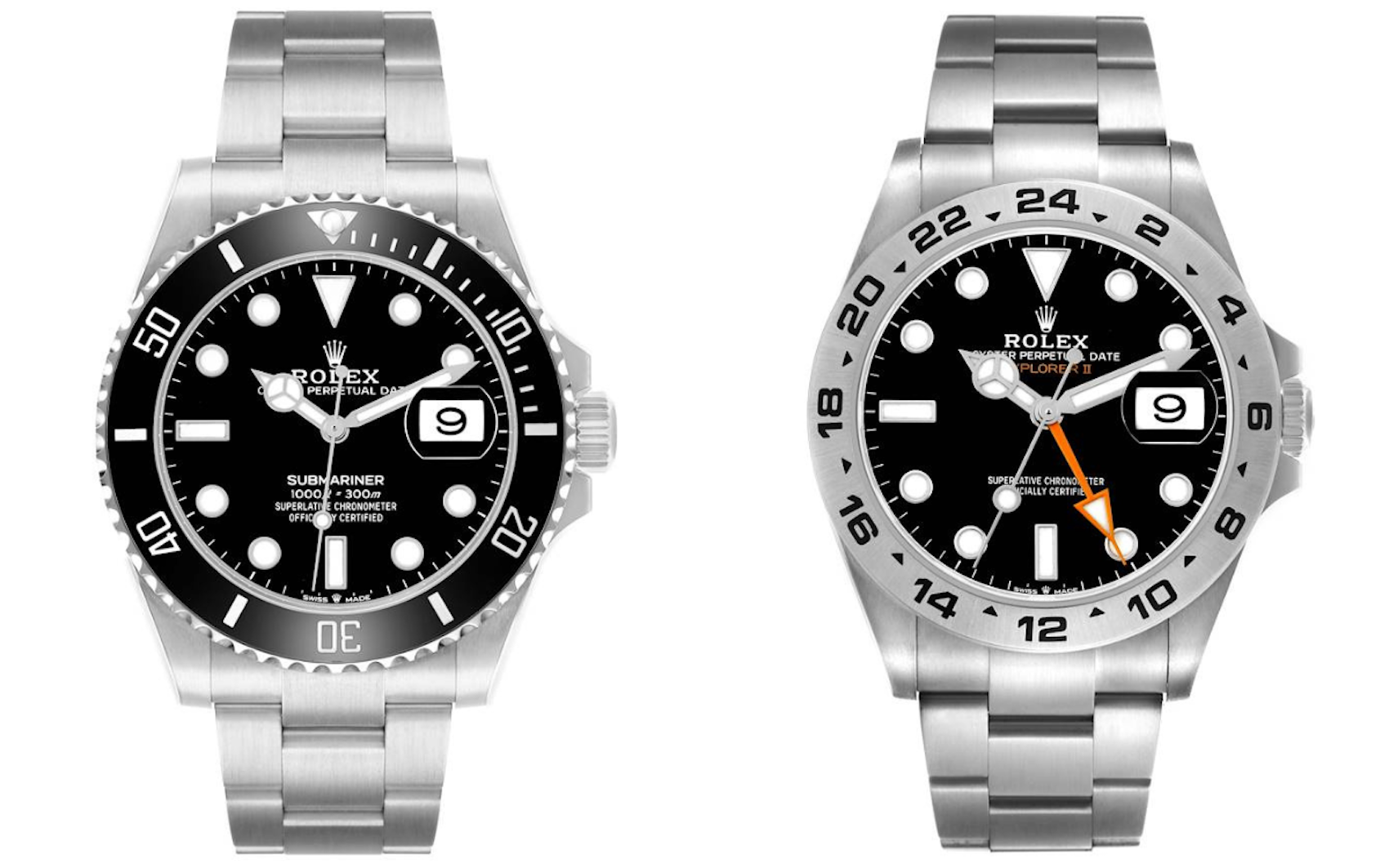 A full-frontal comparison of the Rolex Submariner and Rolex Explorer II, showing their stainless steel cases and matching three-link Oyster bracelets.