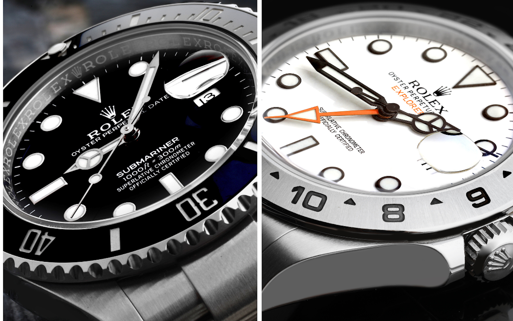  A split image detailing the handset of a black-dial Rolex Submariner (left) and a white-dial 'Polar' Rolex Explorer II (right), comparing the Mercedes hands to the phantom-effect hands.