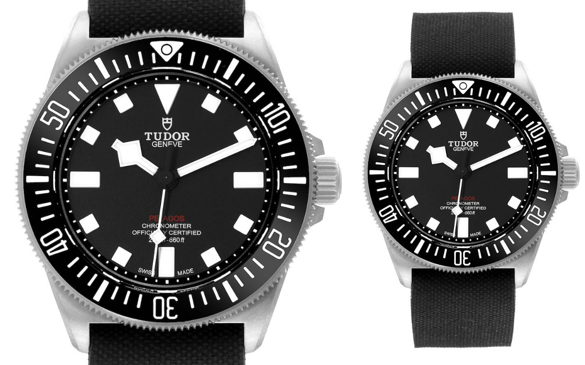 Detailed and full product shots of the Tudor Pelagos FXD M25717N, featuring a matte black dial and bezel on a titanium case, paired with a black fabric strap.