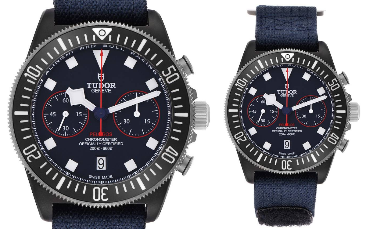 The Tudor Pelagos FXD Chrono 'Alinghi Red Bull Racing' edition, shown in close-up and full view, with its blue carbon-accented dial, matte black carbon composite case, and red chronograph hands.
