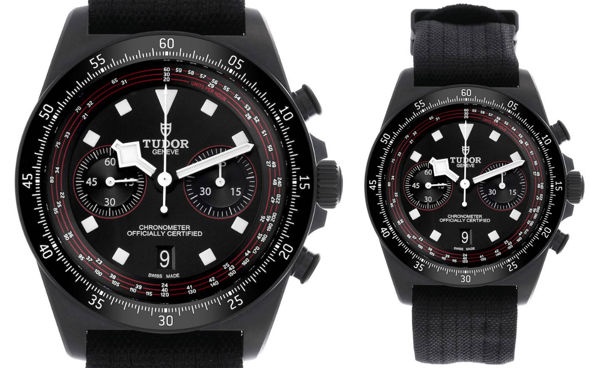 A straight-on product shot of the Tudor Pelagos FXD Chrono Cycling Edition 25827KN, displaying its black carbon composite case, two-register chronograph layout, and red-accented tachymeter scale.