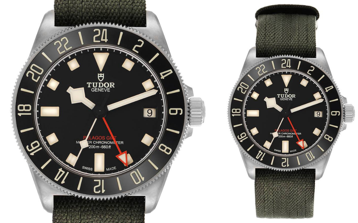 Two views of the Tudor Pelagos FXD GMT M2542G257NU, highlighting its black dial, prominent red GMT hand, and 24-hour bidirectional bezel on an olive green fabric strap.