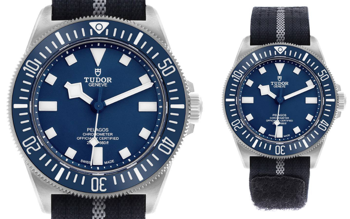 A close-up and full view of the Tudor Pelagos FXD 'Marine Nationale' M25707B, showcasing its signature navy blue dial, bidirectional countdown bezel, and single-piece fabric strap.