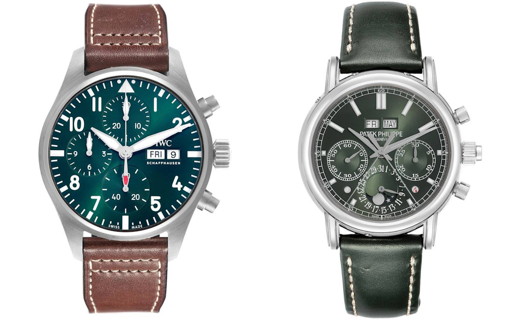 A comparison of two luxury watches with green dials: an IWC Pilot's Chronograph 41 and a Patek Philippe Grand Complications 5204G.