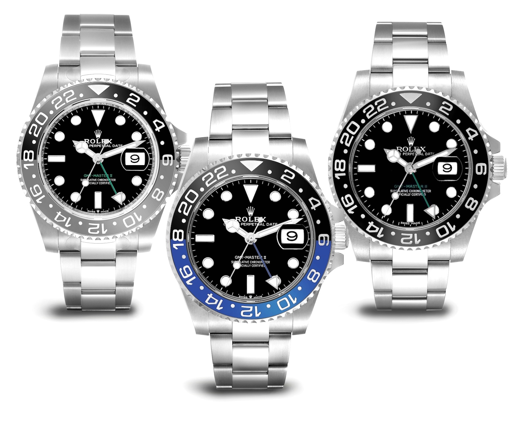 Three popular stainless steel Rolex GMT-Master II models shown together, highlighting variations in bezel color and GMT hands.