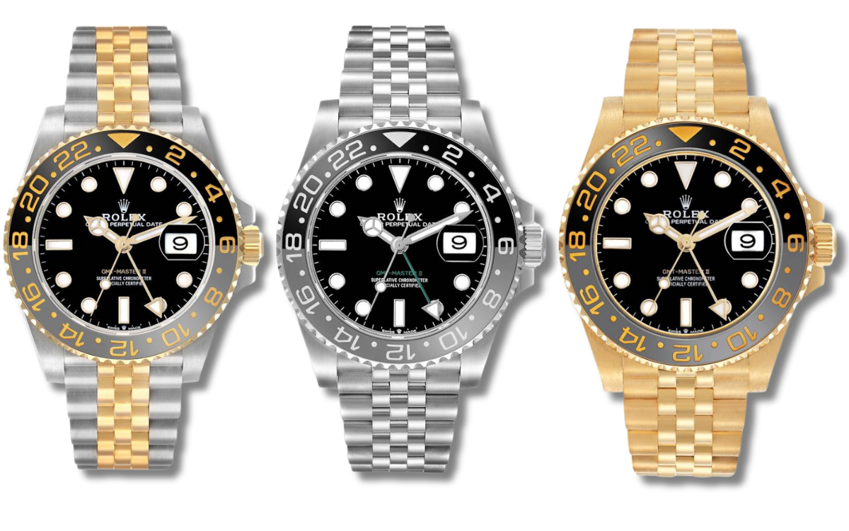 The complete Rolex GMT-Master II GRNR family shown in a lineup: the two-tone Rolesor on an Oyster bracelet, the stainless steel on a Jubilee bracelet, and the full yellow gold on an Oyster bracelet.