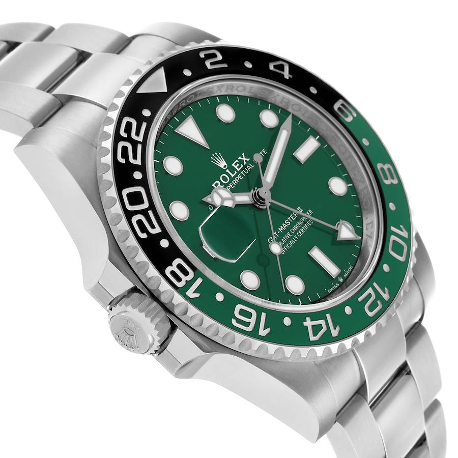  An angled side view of the Rolex GMT-Master II "Sprite" 126729VTNR in white gold, showing the unique left-hand crown configuration and the Oyster bracelet.