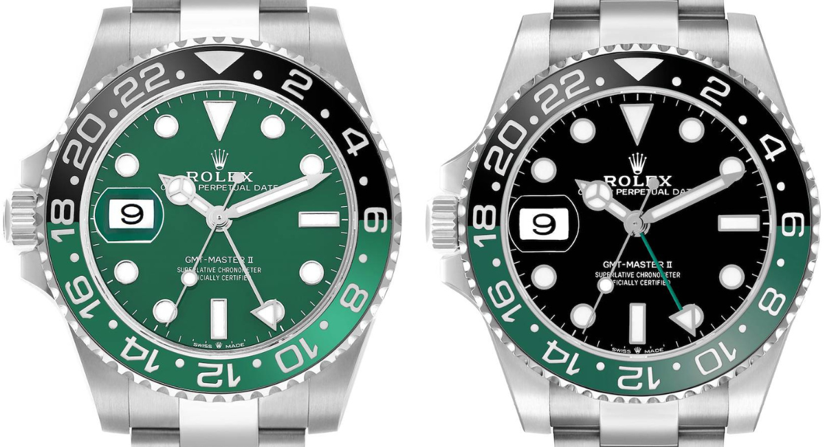 A side-by-side comparison of two Rolex GMT-Master II "Sprite" dials. The white gold 126729VTNR with a green dial is on the left, and the steel 126720VTNR with a black dial is on the right.