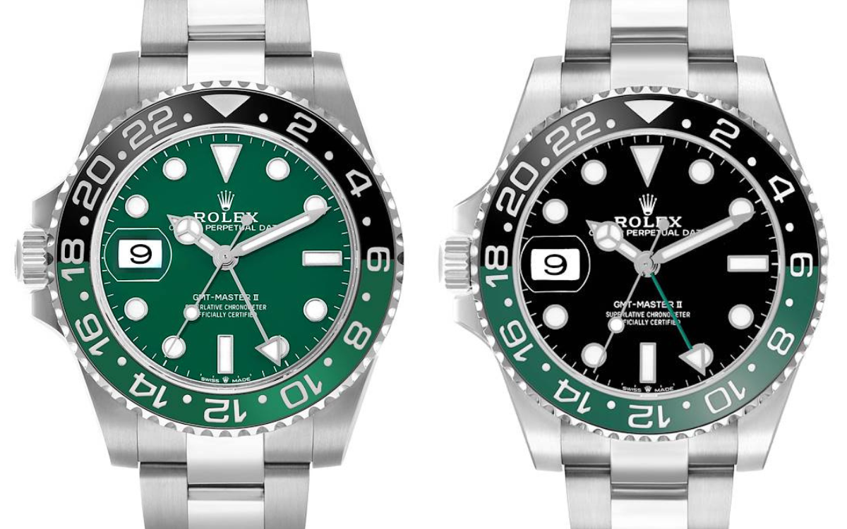 A comparison image showing the white gold Rolex GMT-Master II 126729VTNR with its green dial and the steel 126720VTNR with its black dial, both on Oyster bracelets.