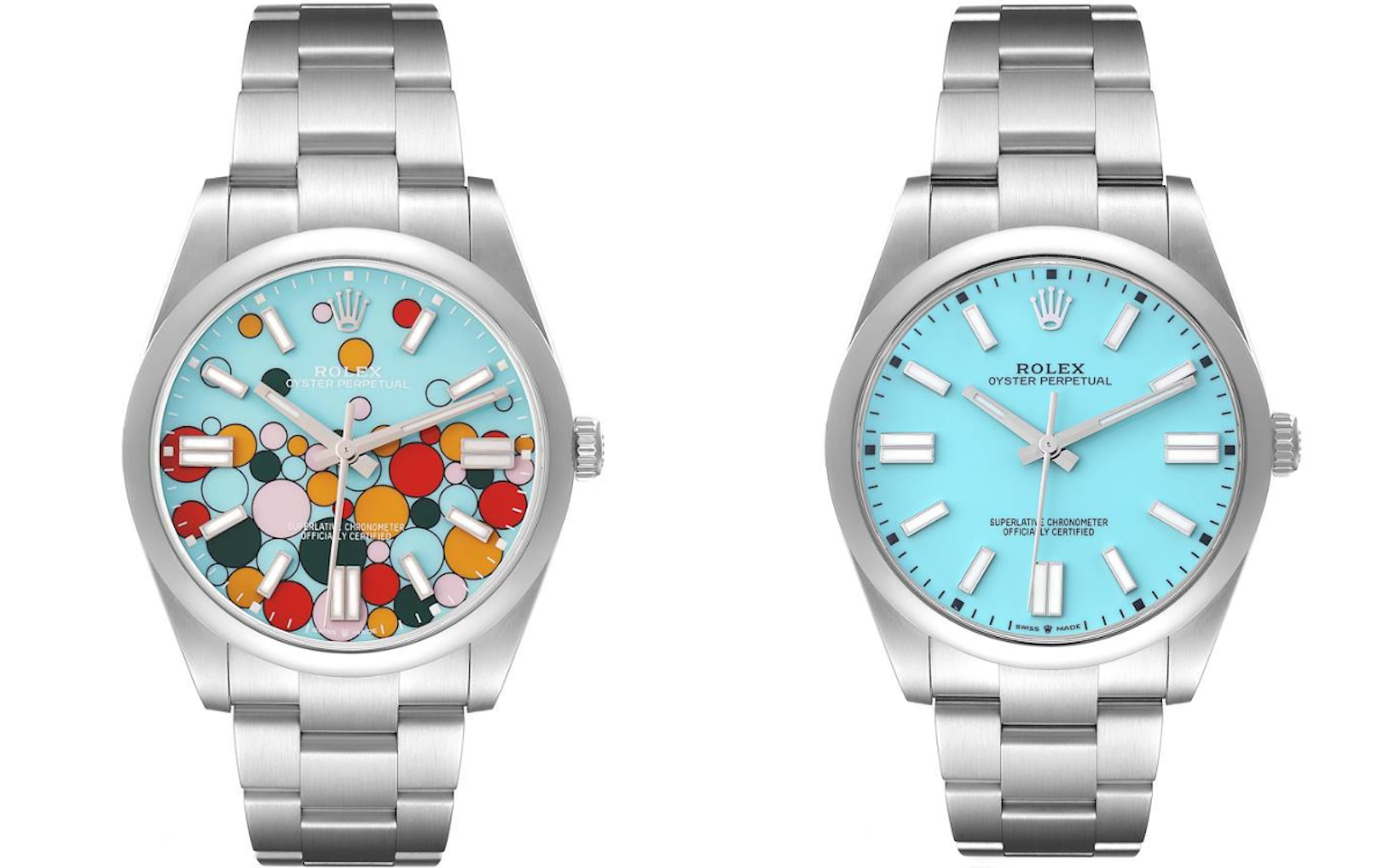 A side-by-side comparison of the Rolex Oyster Perpetual 41 with the multi-colored 'Celebration' dial and the solid 'Turquoise' blue dial.