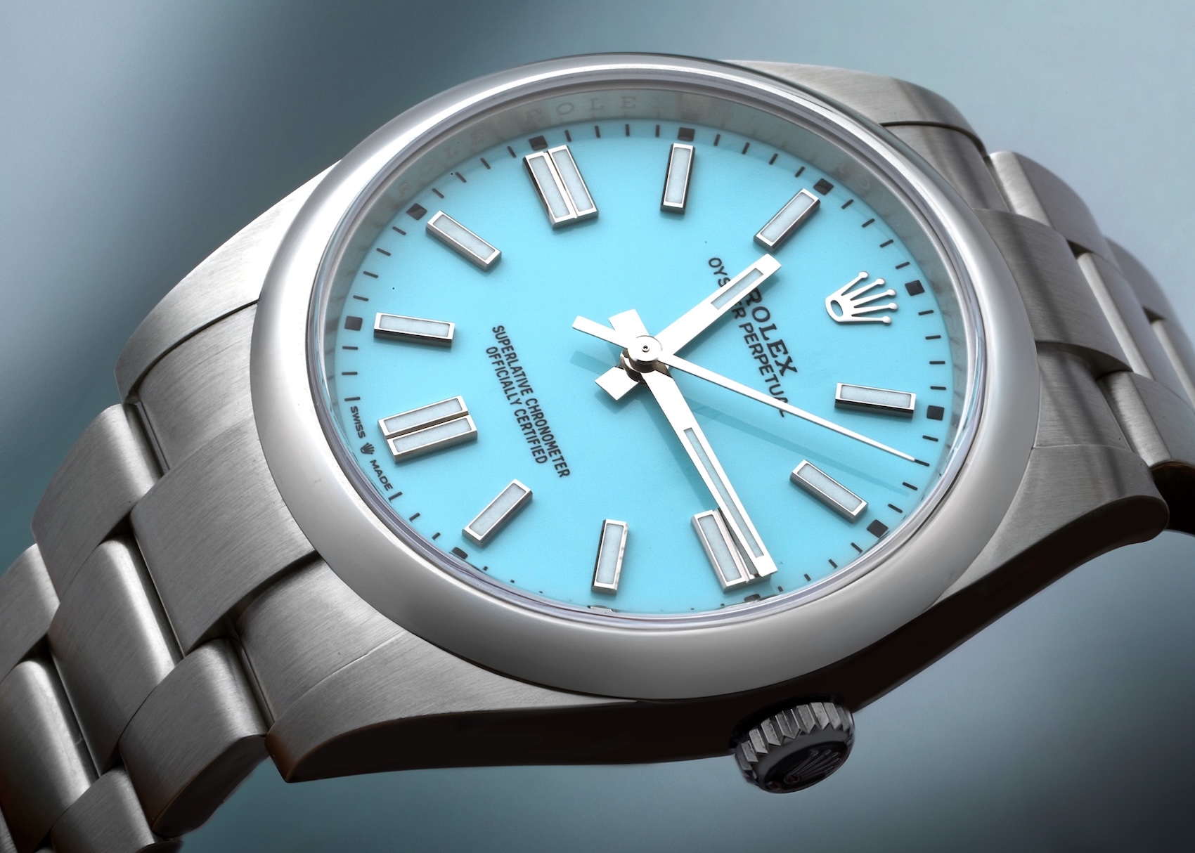 A detailed close-up of the Rolex Oyster Perpetual 41 with its iconic 'Tiffany' blue (turquoise) dial.