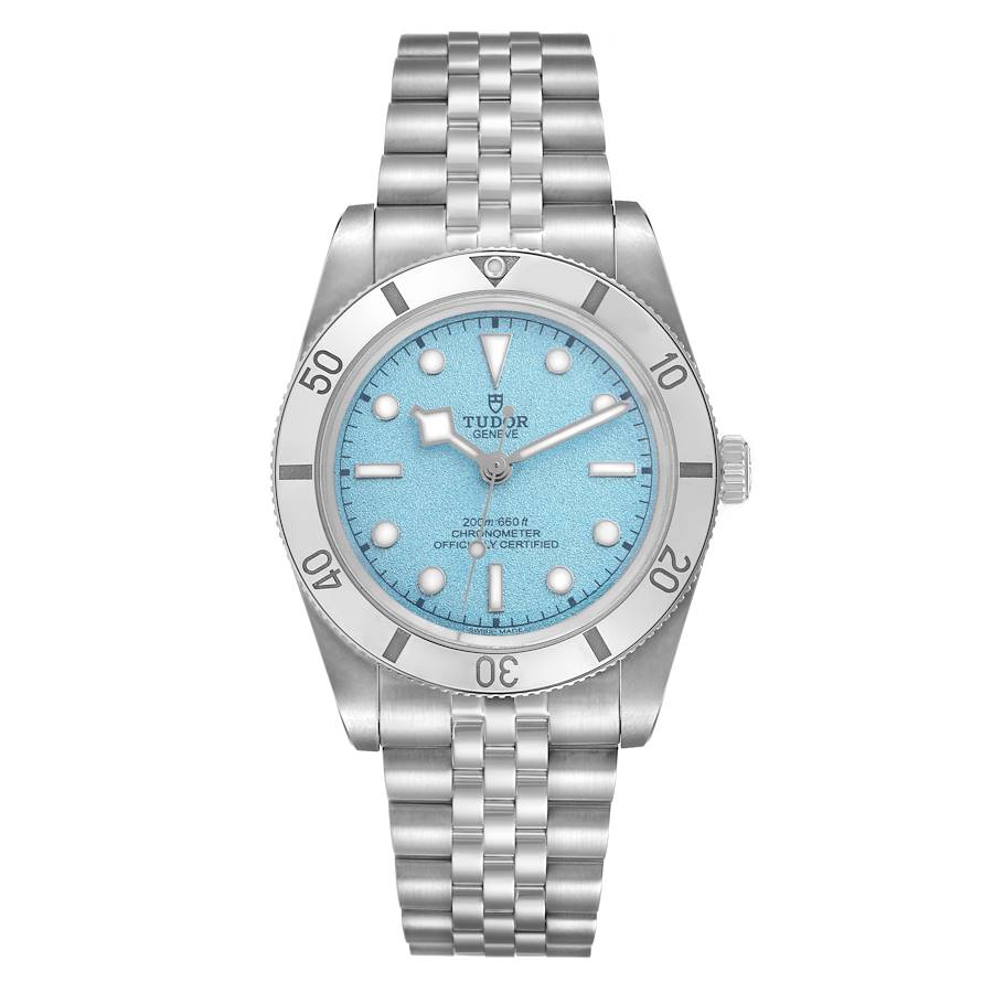 A full, head-on product shot of the Tudor Black Bay 54 watch with its distinctive Lagoon Blue dial and five-link steel bracelet, set against a clean white background.