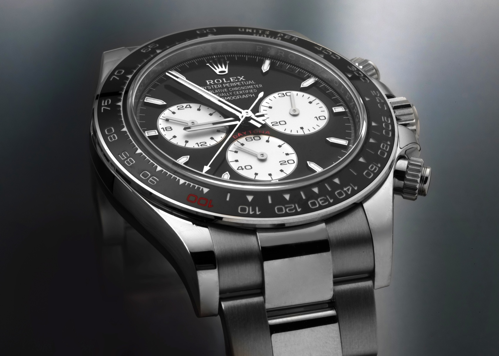 Close-up of the Rolex Daytona Le Mans 126529LN in white gold, showing the distinctive 24-hour chronograph counter at 9 o'clock with '18' highlighted.