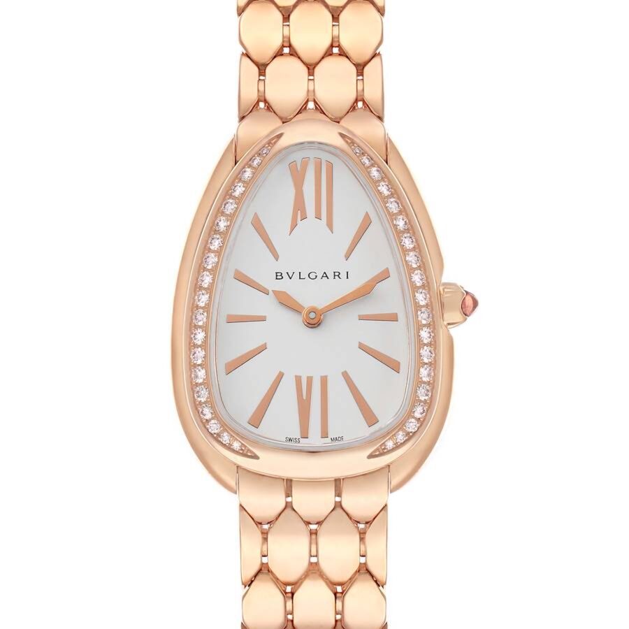 Direct front view of Bvlgari Serpenti Seduttori rose gold ladies watch on a white background.