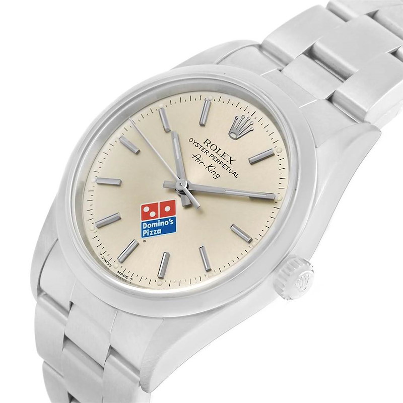 Macro shot of Rolex Air-King Ref. 14000 showing the applied baton indices and Domino's logo.