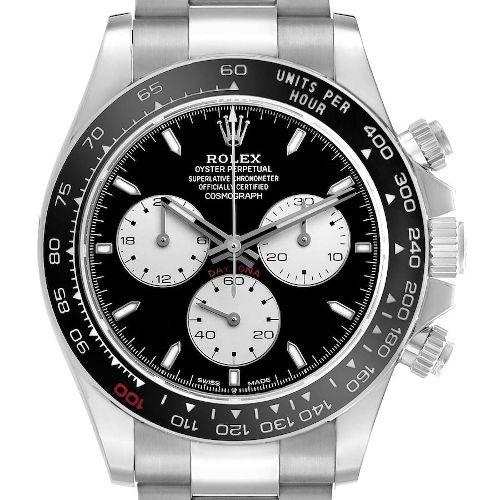 Full frontal studio shot of the Rolex Daytona Le Mans watch, clearly showing the 'reverse panda' dial and the tachymeter bezel.