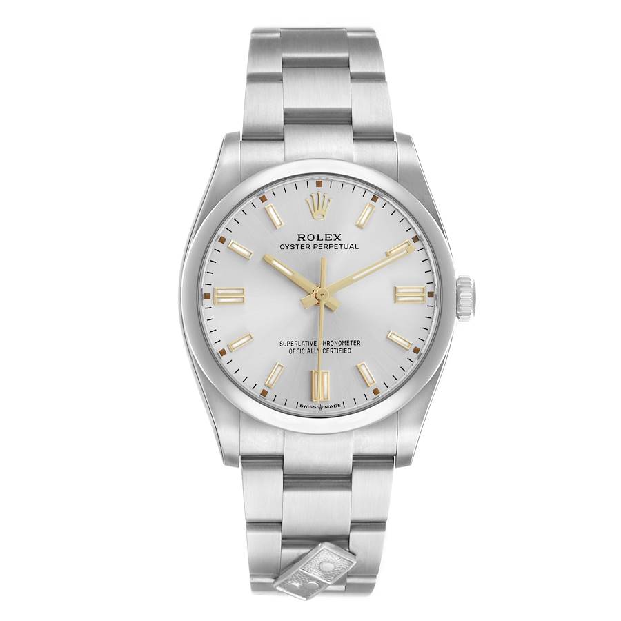 Modern Rolex Oyster Perpetual Ref. 126000 with silver dial and a steel Domino's logo attached to the bracelet.
