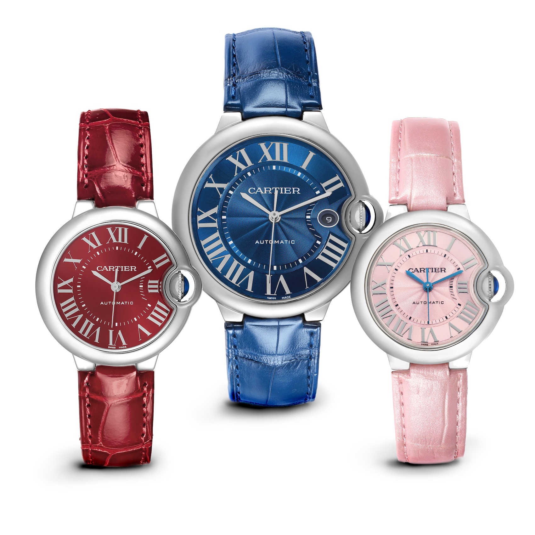 Three Cartier Ballon Bleu stainless steel watches featuring colorful dials and matching leather straps in red, blue, and pink.