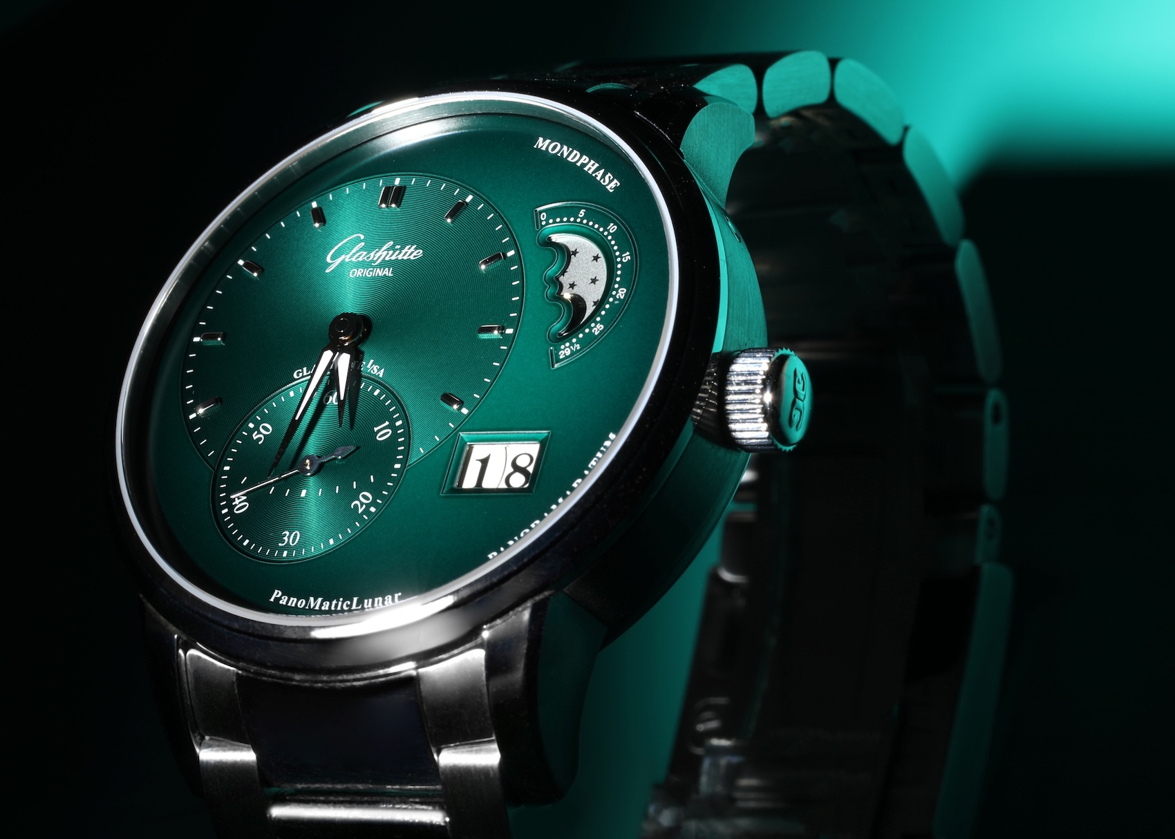 Glashütte Original PanoMaticLunar steel watch with a deep forest green dial.