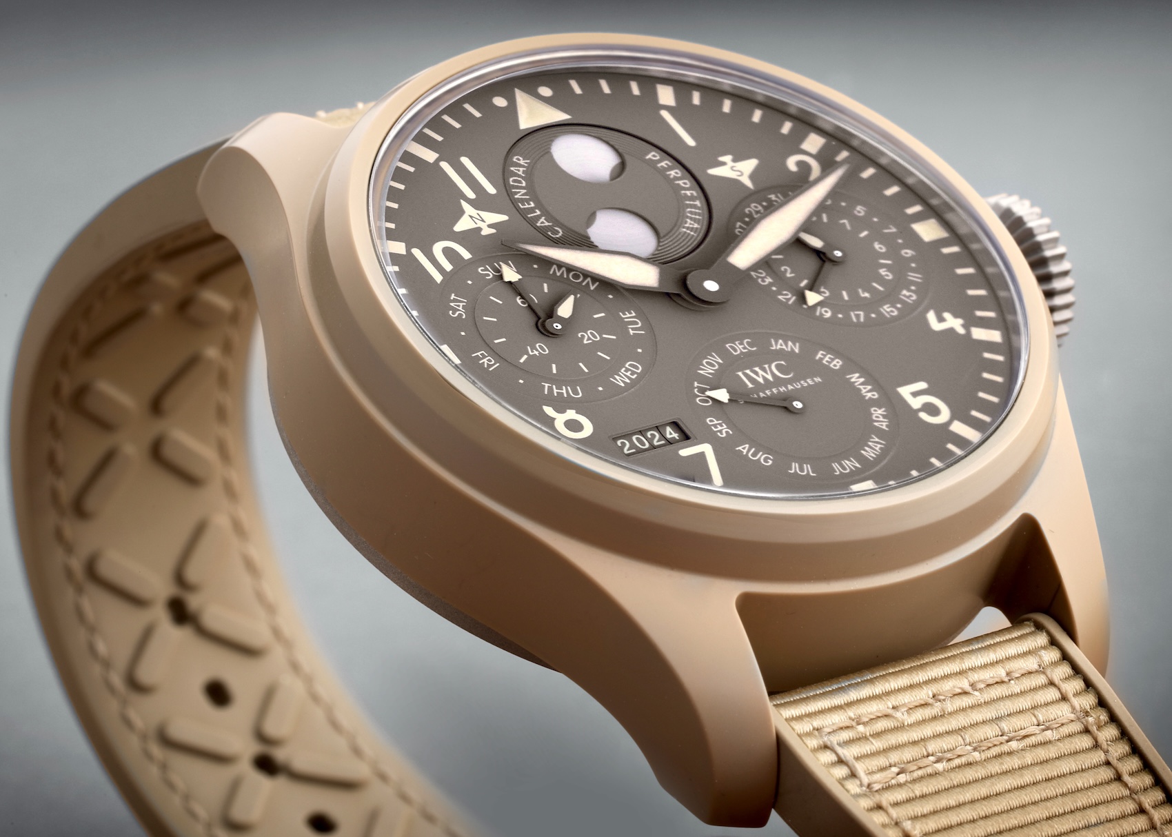 IWC Big Pilot Perpetual Calendar Mojave Desert edition in sand-colored ceramic, representing the Universal Khaki trend.