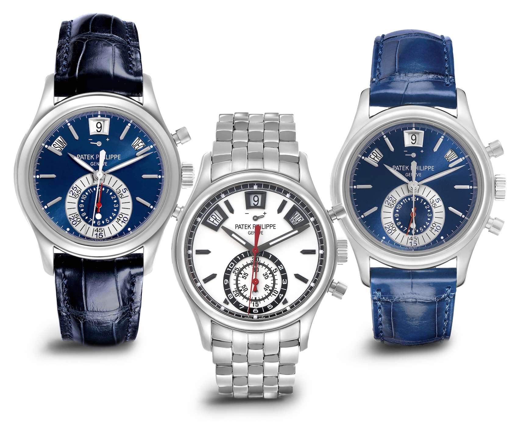 Collection of Patek Philippe Annual Calendar Chronographs. The image highlights the visual contrast between the white opaline dial with red accents on the steel bracelet version versus the sunburst blue dials with white gold markers on the leather strap versions.