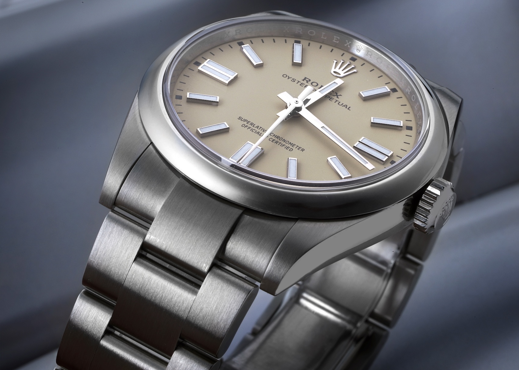 Rolex Oyster Perpetual 41 steel watch with a beige dial, illustrating the Universal Khaki popular colors for 2026.